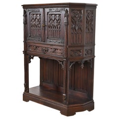 Antique 19th Century Belgian Gothic Revival Carved Dark Oak Bar Cabinet