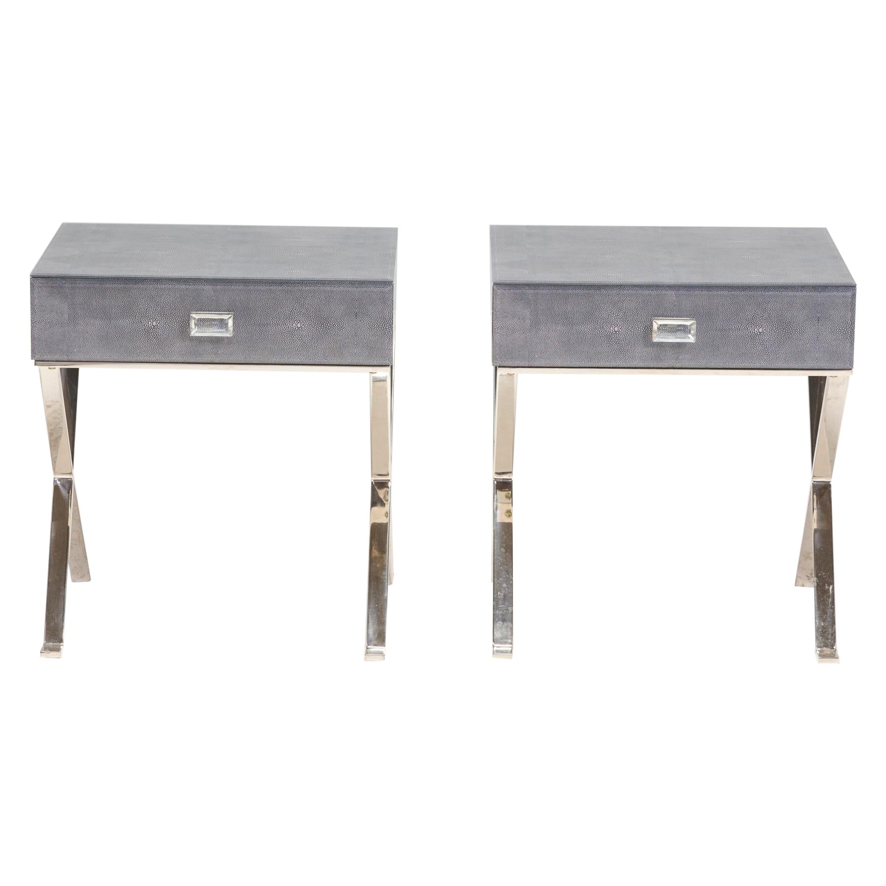 Shagreen Blue Glass Bedside Tables, Set of Two For Sale