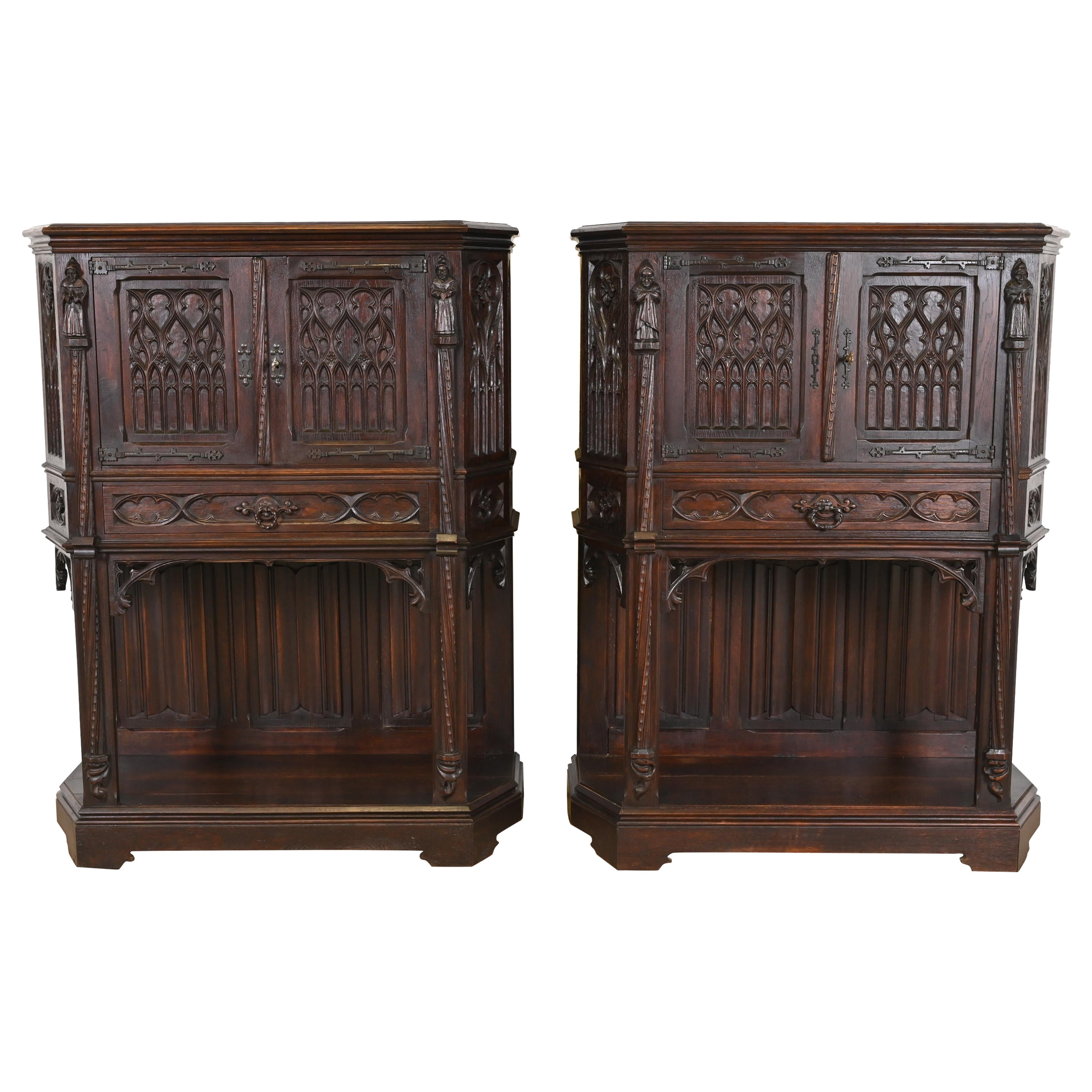 19th Century Belgian Gothic Revival Carved Dark Oak Bar Cabinets, Pair For Sale
