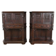 Antique 19th Century Belgian Gothic Revival Carved Dark Oak Bar Cabinets, Pair