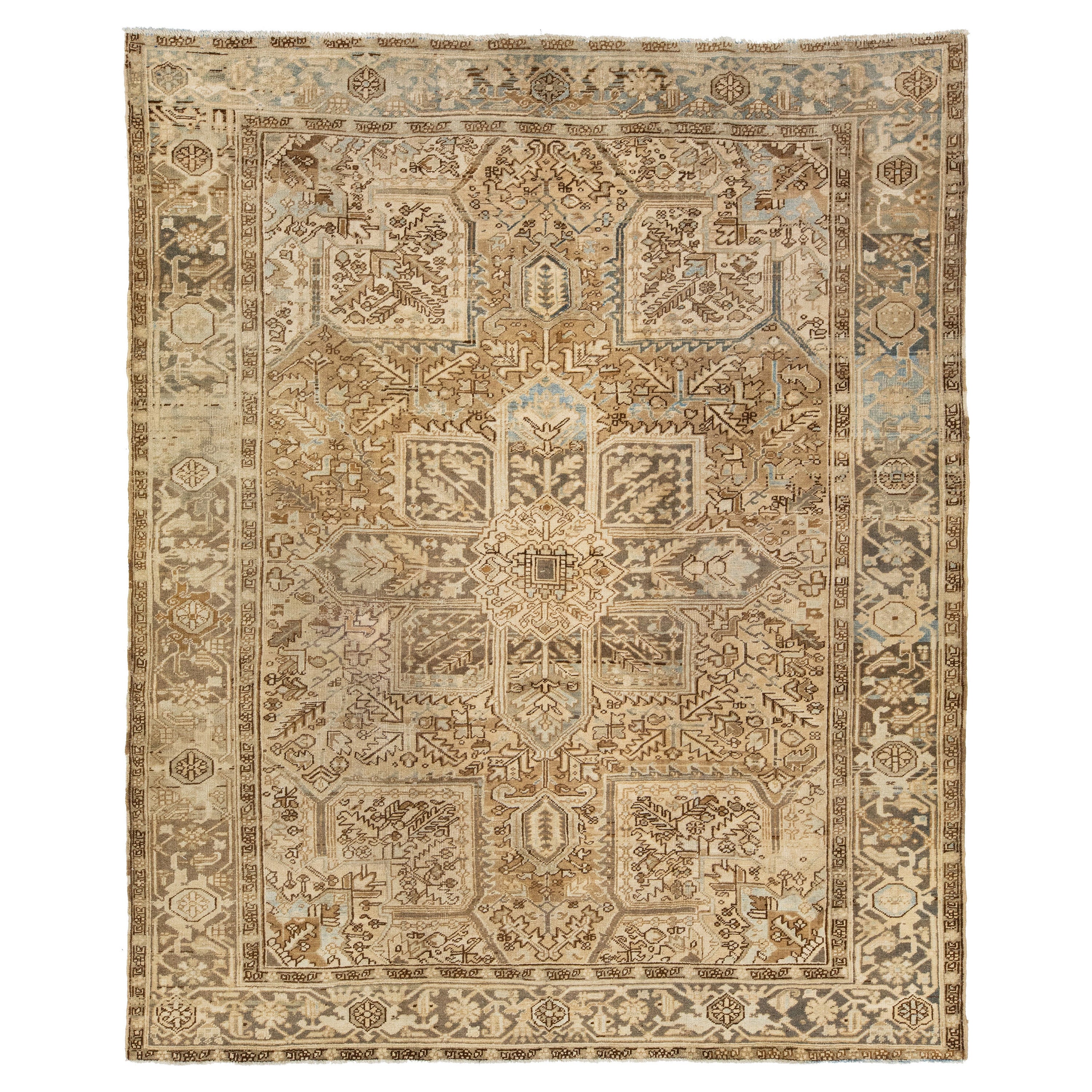  Allover Designed Persian Heriz Antique Wool Rug In light Brown From The 1920s For Sale