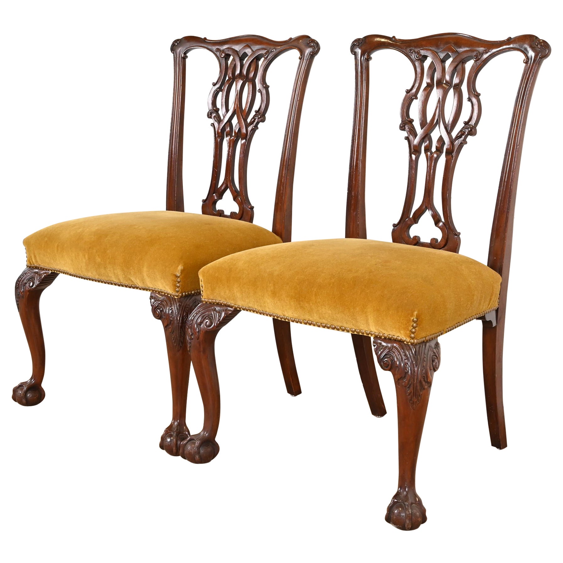 Baker Furniture Chippendale Carved Mahogany Side Chairs, Pair For Sale