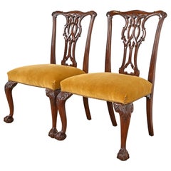 Retro Baker Furniture Chippendale Carved Mahogany Side Chairs, Pair