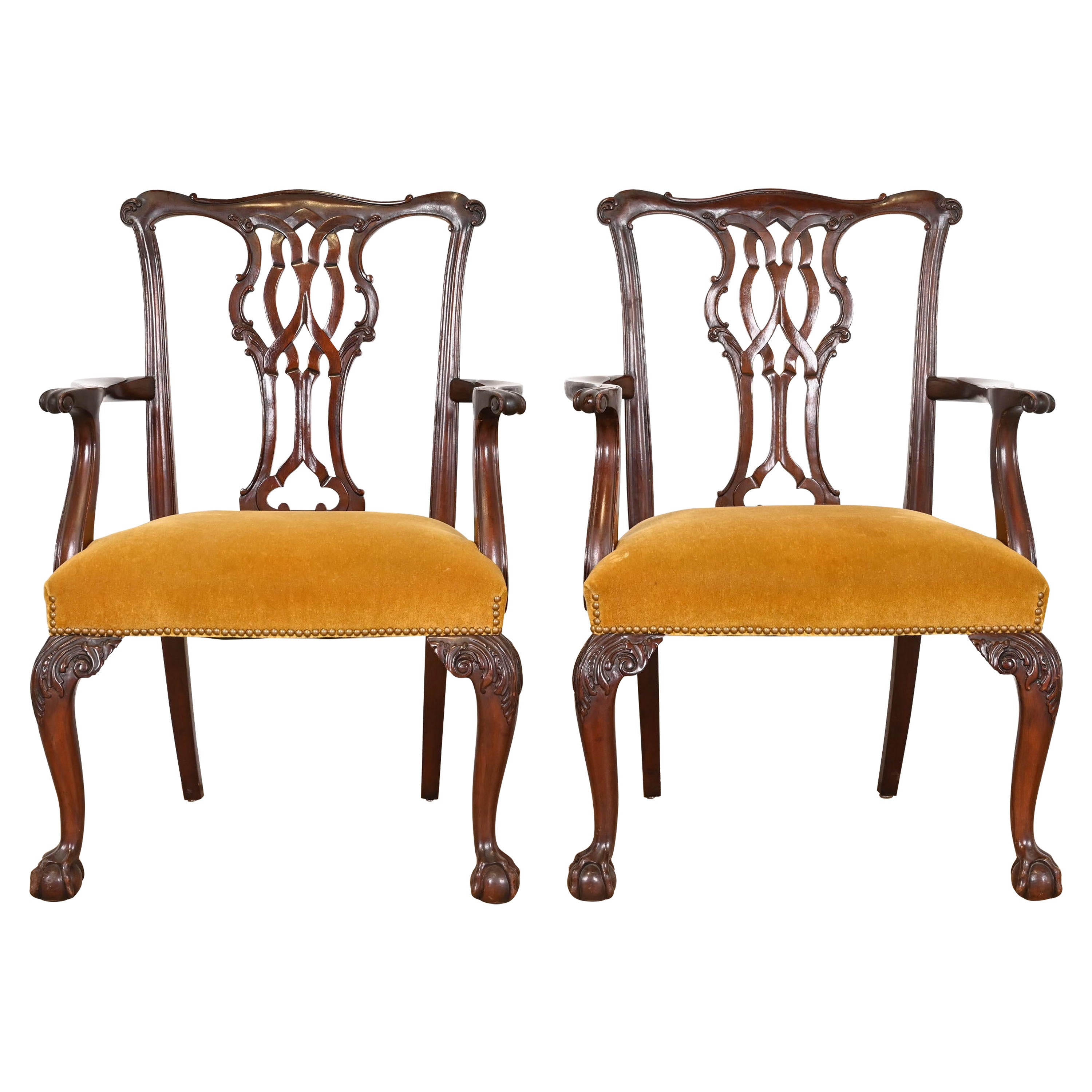 Baker Furniture Chippendale Carved Mahogany Dining Armchairs, Pair For Sale