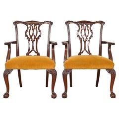 Retro Baker Furniture Chippendale Carved Mahogany Dining Armchairs, Pair