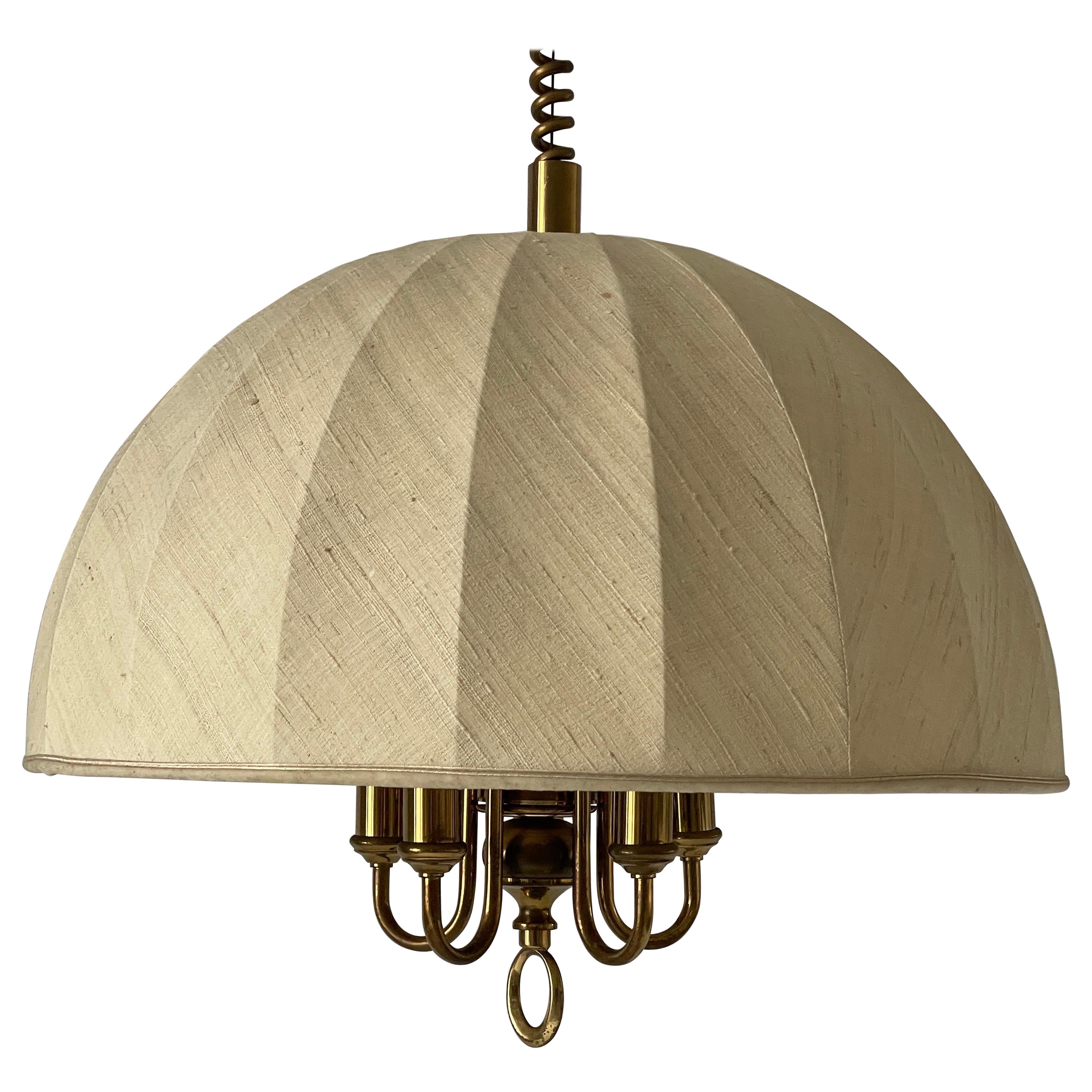 Fabric and Brass 5 socket Adjustable Shade Pendant Lamp by WKR, 1970s, Germany For Sale