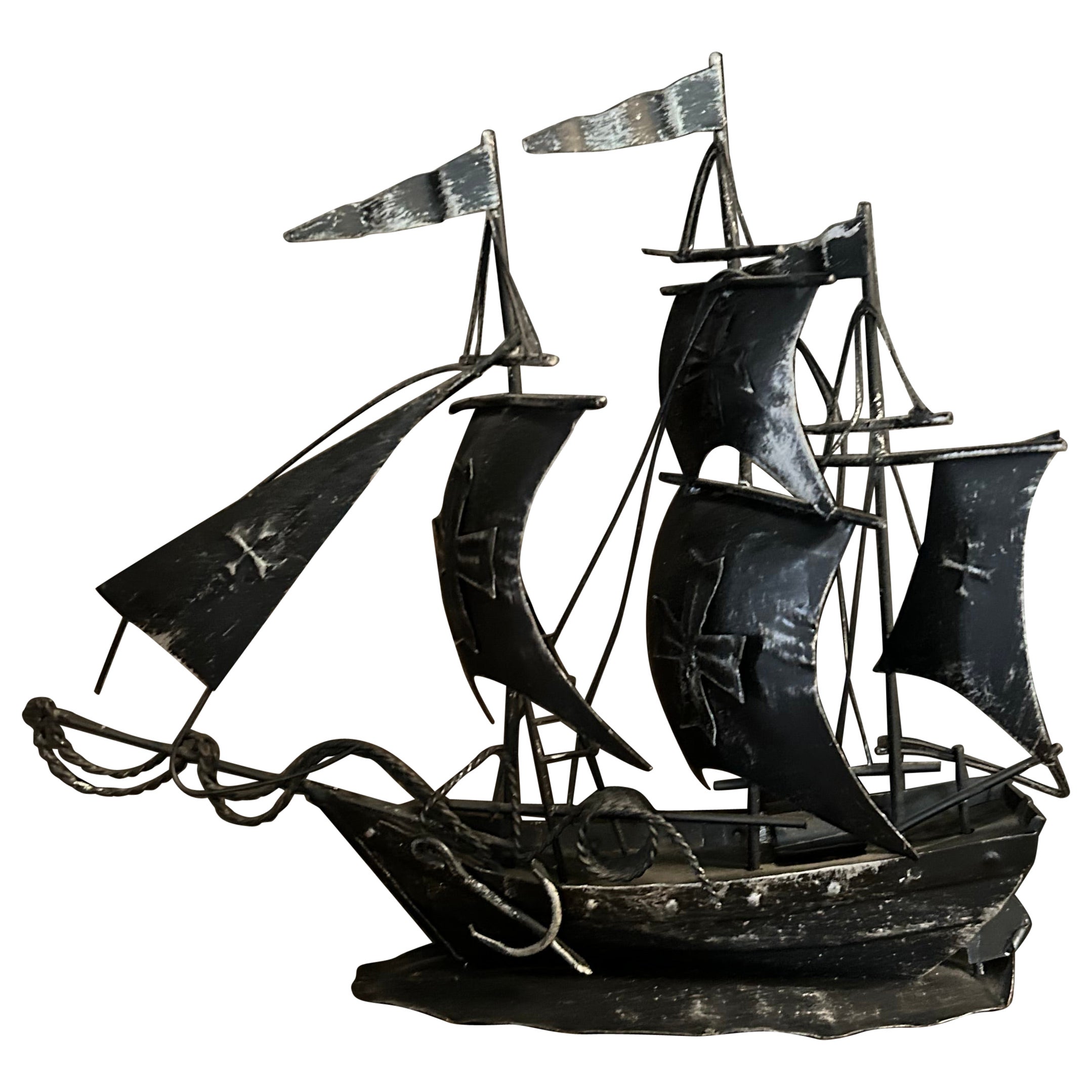 Vintage Hand Forged Black Metal Pirate Ship by Enesco For Sale