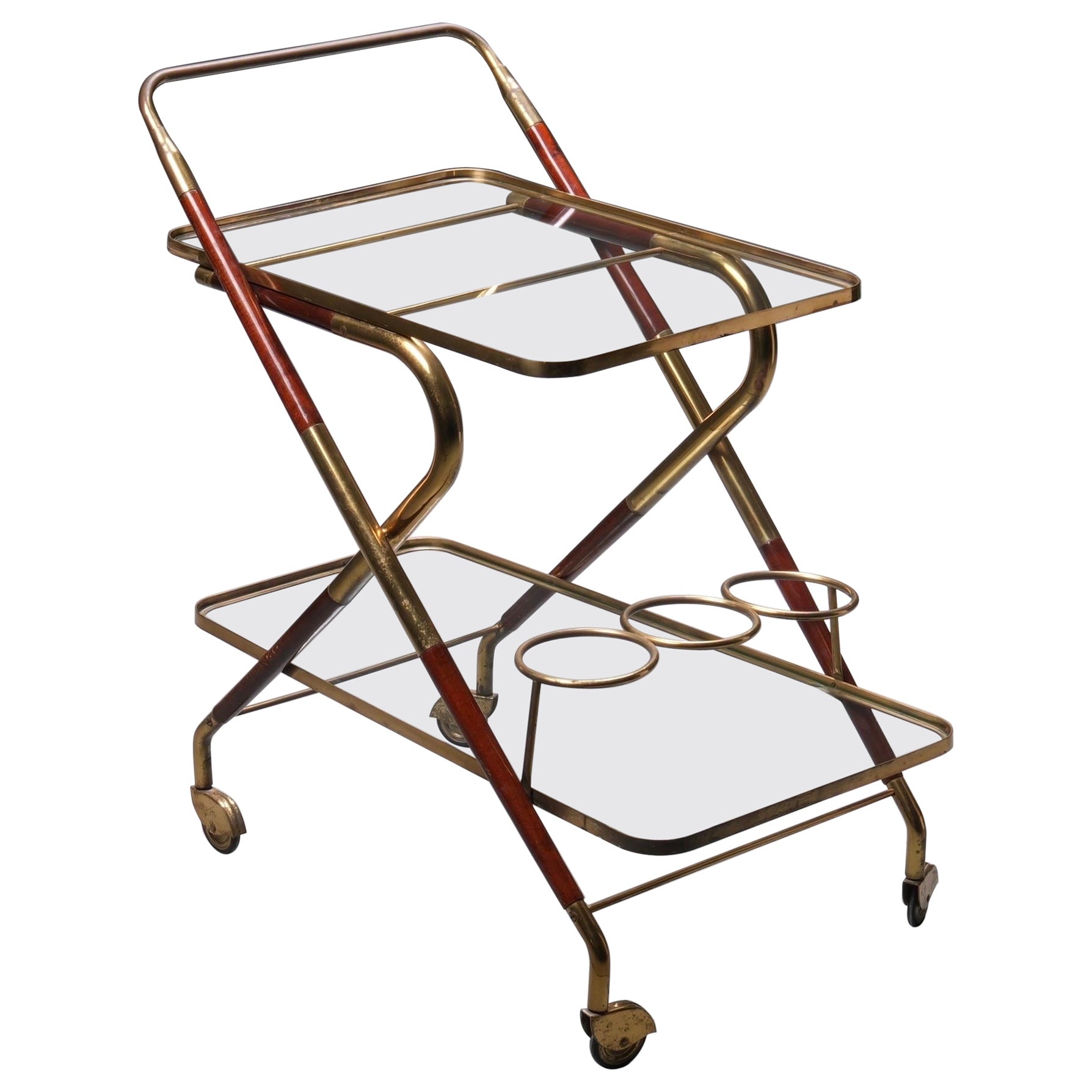 Grappa Trolley by Cesare Lacca in Glass, Brass and Metal. Italy, 1950’s For Sale