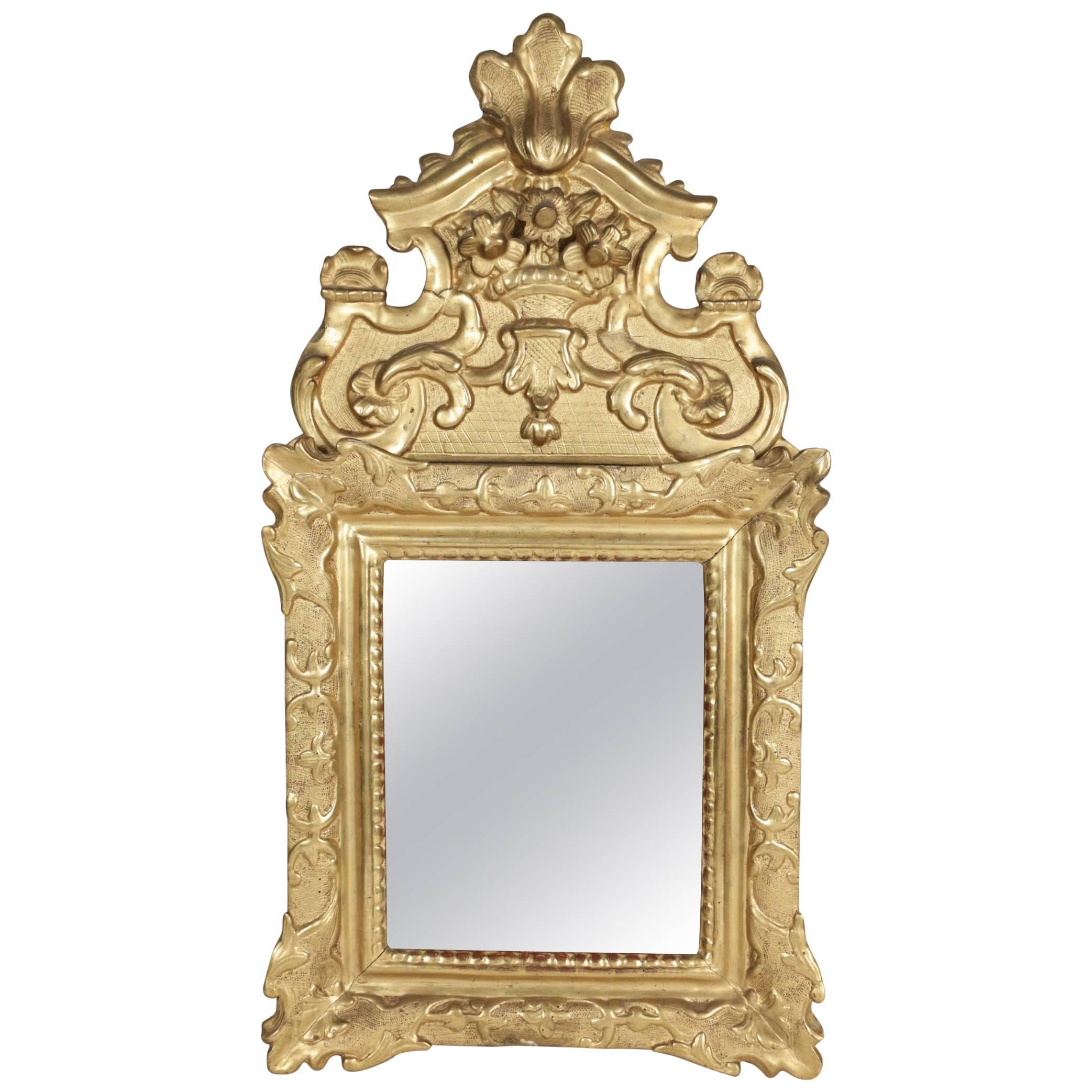 French Regence Period, Hand-Carved Giltwood Front-Top Mirror