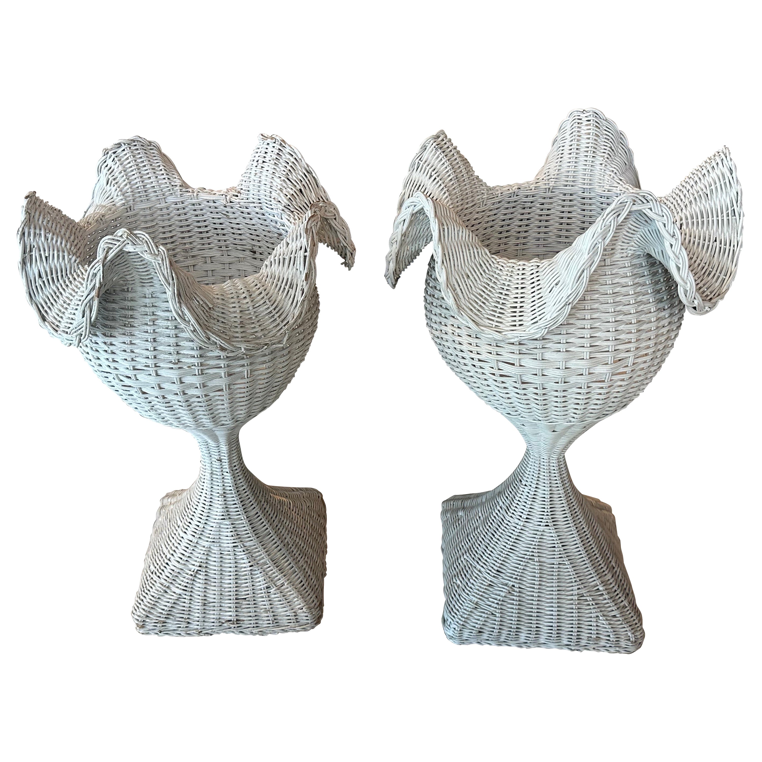 Vintage Pair 1940s French White Chippy Wicker Scalloped Ruffle Edge Planters 