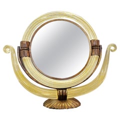 Miroir de courtoisie en verre de Murano des années 1950 avec poussière d'or 24 carats et cadre en bronze 