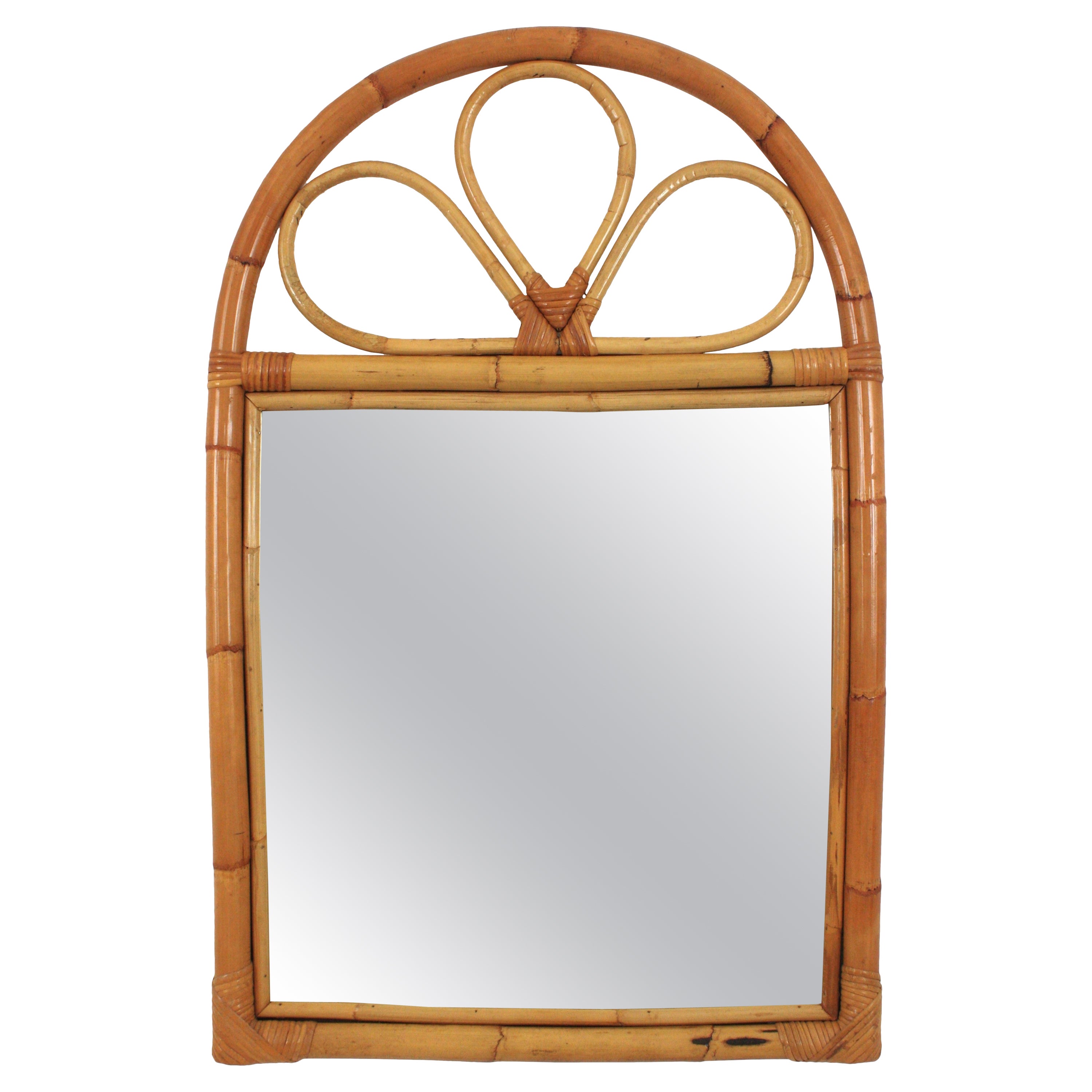 Spanish Rattan Bamboo Mirror with Arched Top, 1960s For Sale