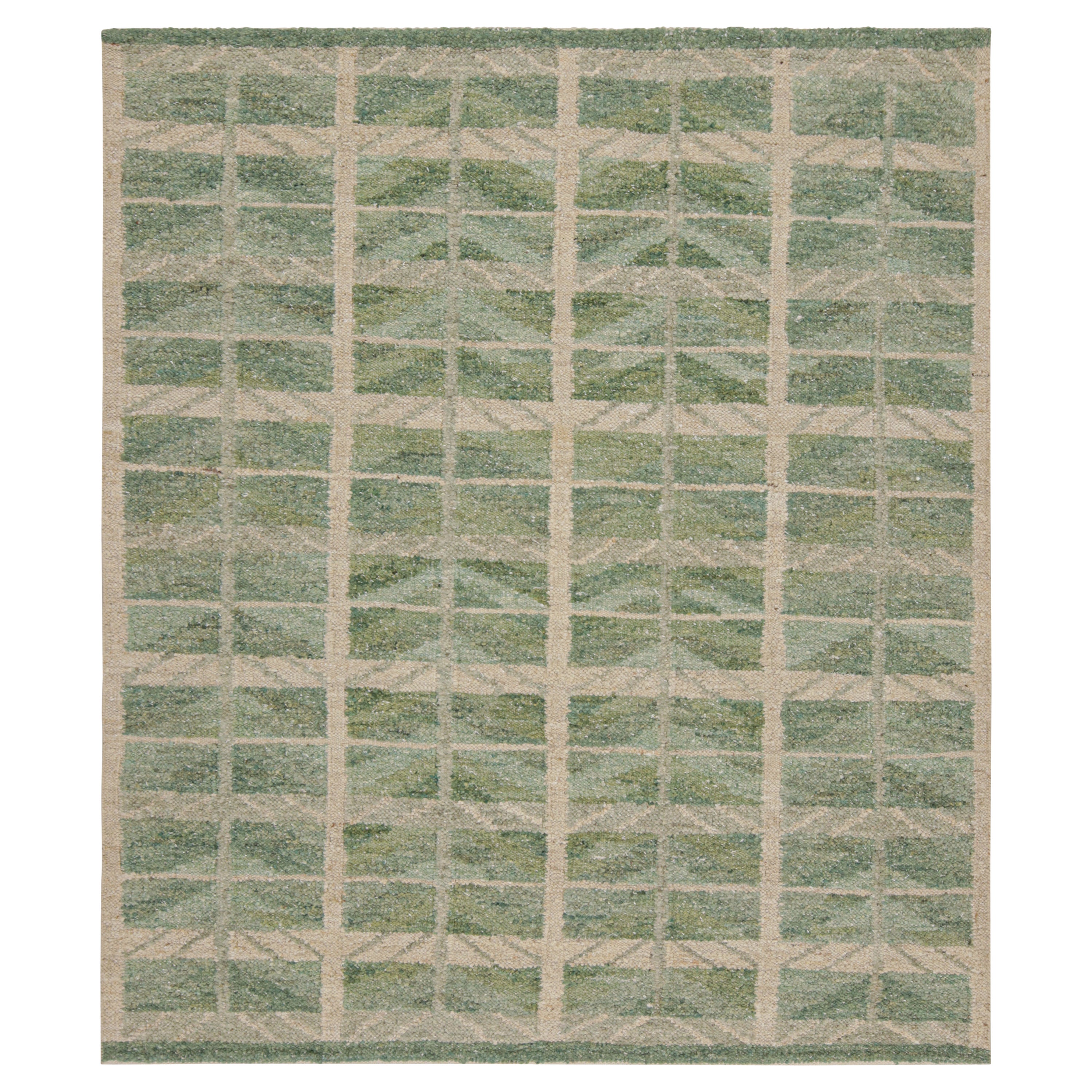 Rug & Kilim’s “Nu” Scandinavian Style Rug with Green and Beige Geometric Pattern For Sale