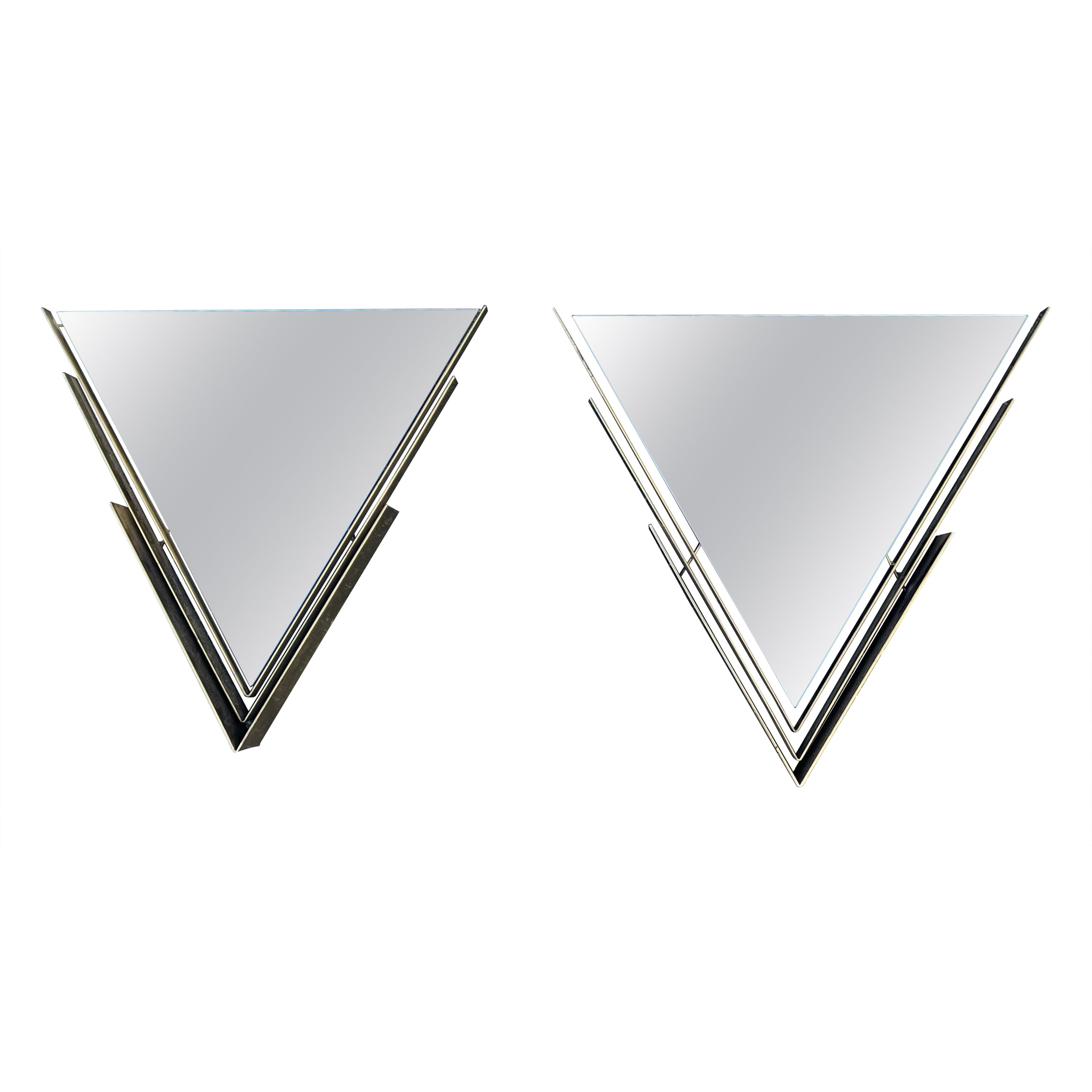 A Pair Of  Curtis Jere Triangular Brass Mirrors 1982 For Sale