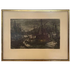 Stampa vintage firmata e incorniciata dell'acquaforte di Suzanne Rauacher raffigurante una barca a vela astratta