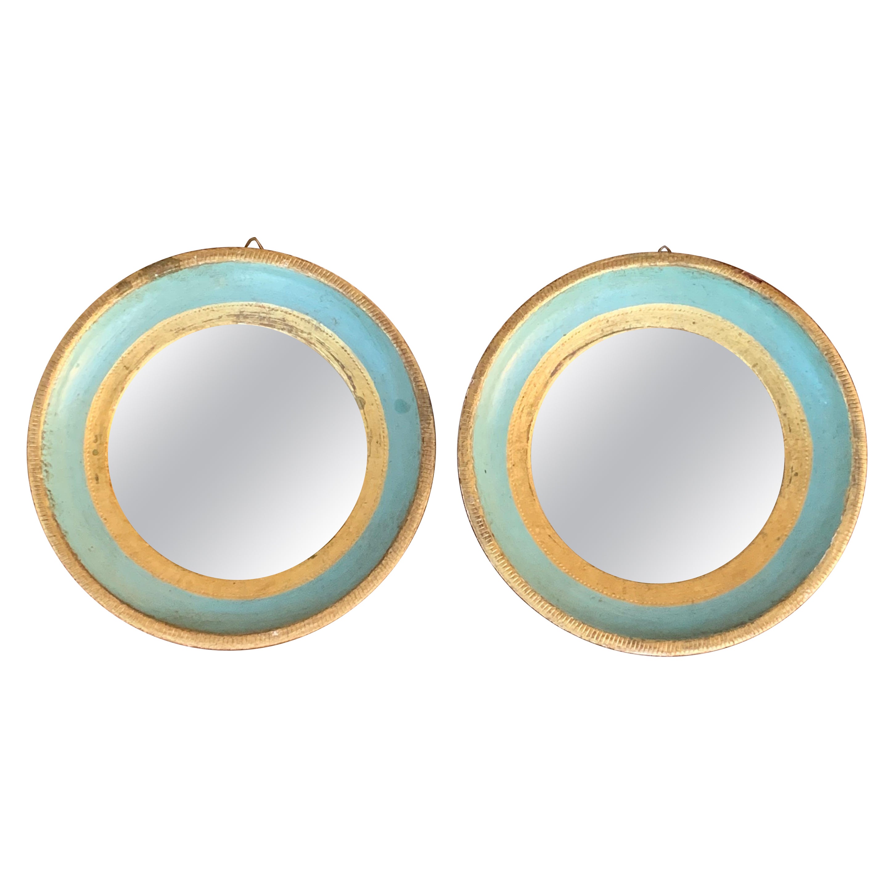 Italian Florentine Green and Gold Round Wall Mirrors, Pair For Sale