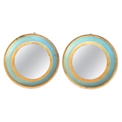 Italian Florentine Green and Gold Round Wall Mirrors, Pair