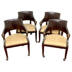 Vintage 4 Gilt Leather Tooled Bronze Lion Head Armchairs on Castors, By Maitland-Smith