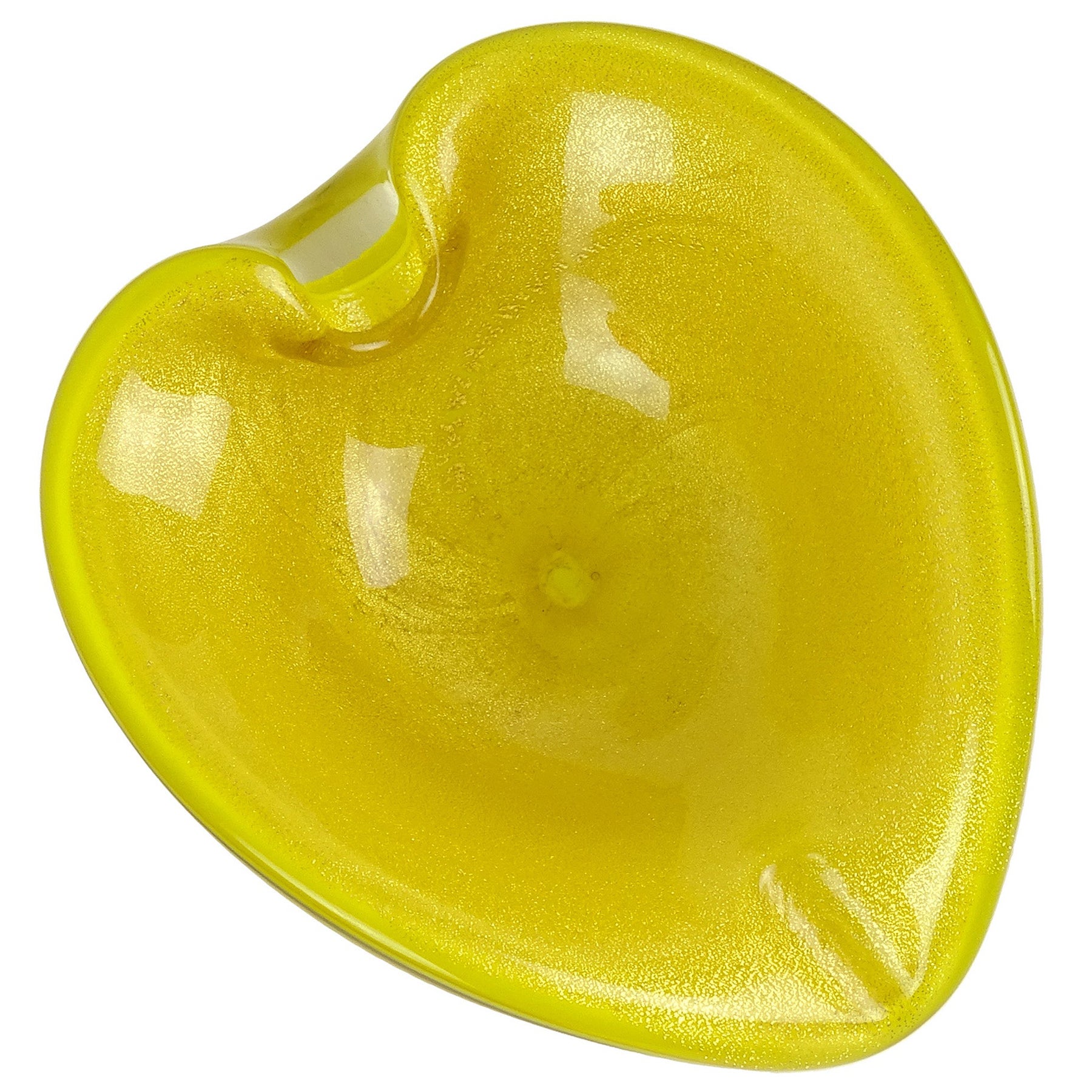 Murano Bright Yellow Gold Flecks Vintage Italian Art Glass Heart Bowl Ashtray For Sale
