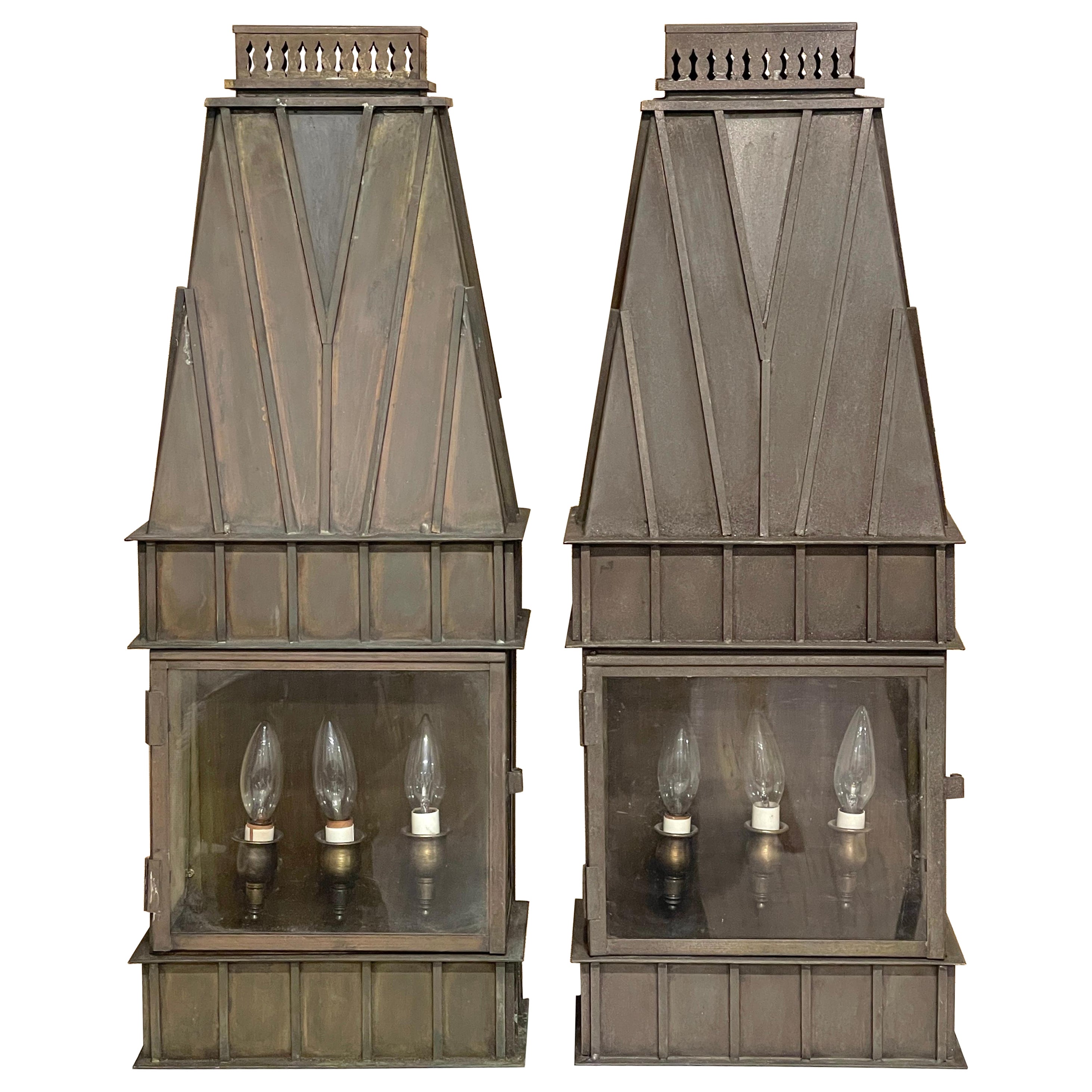 Pair Architectural Georgian Gothic Bronze Exterior/Interior Wall Sconces  For Sale
