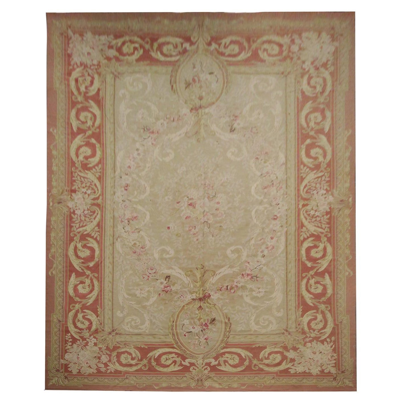 Vintage Aubusson & Floral French Rug, Beige Carpet, woven Needlepoint Area Rug For Sale