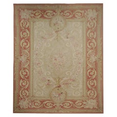 Französischer Vintage-Teppich Aubusson & Floral, beigefarbener Teppich, gewebter Teppich mit Gobelinstickerei