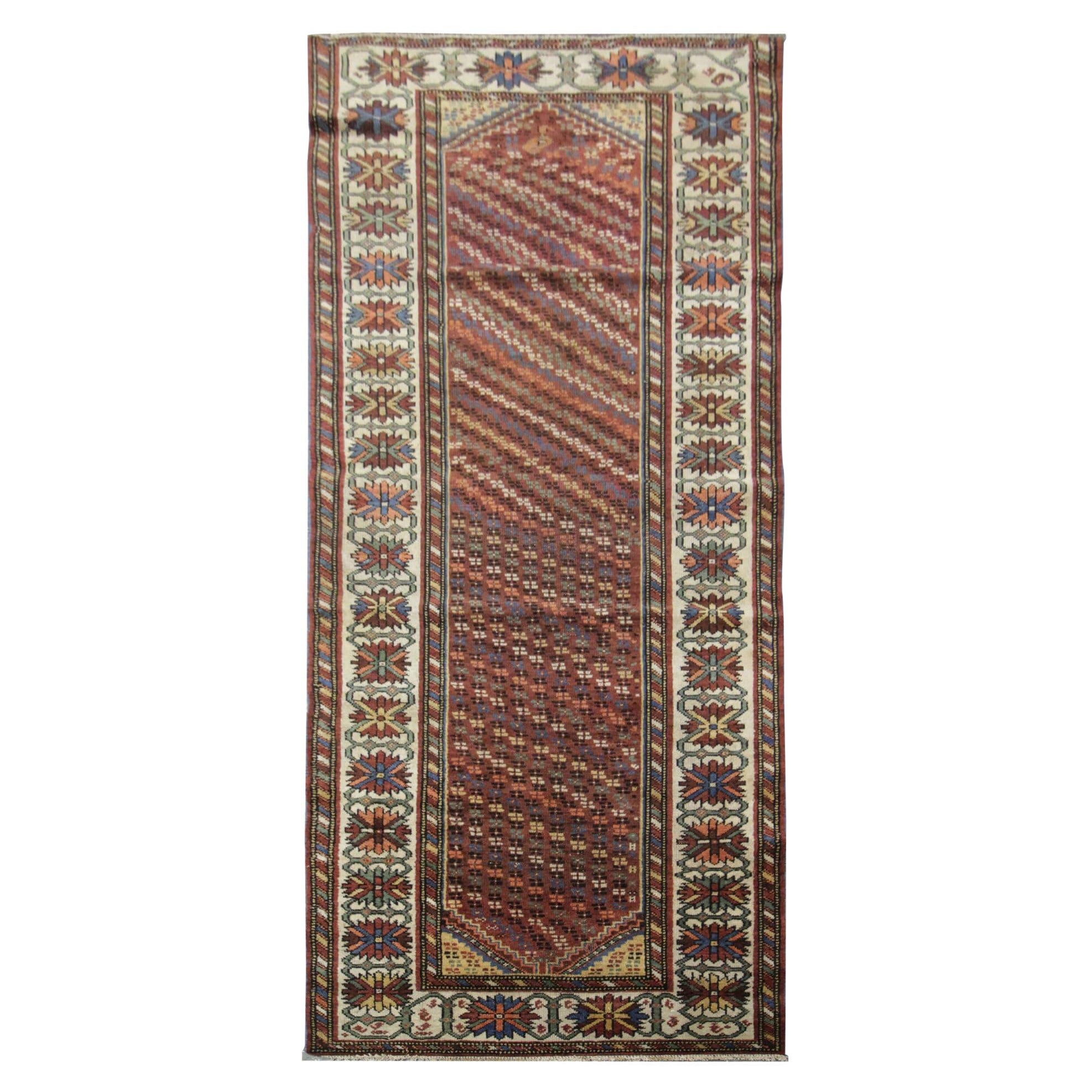 Antiker orientalischer Wohnzimmer-Läufer aus Wolle, gestreifter, handgefertigter Teppich 