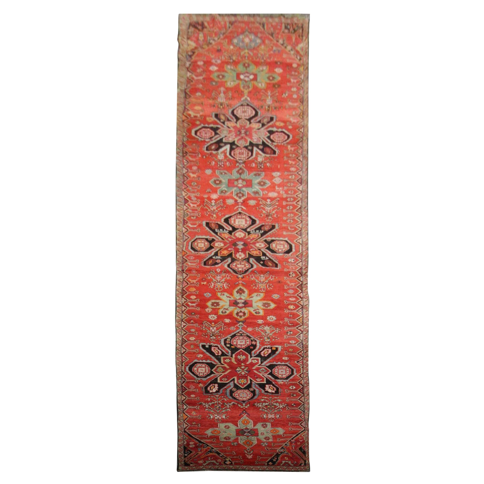 Antique Runner Rug Caucasian Karabagh Handmade Carpet Oriental Wool Stair Runner For Sale