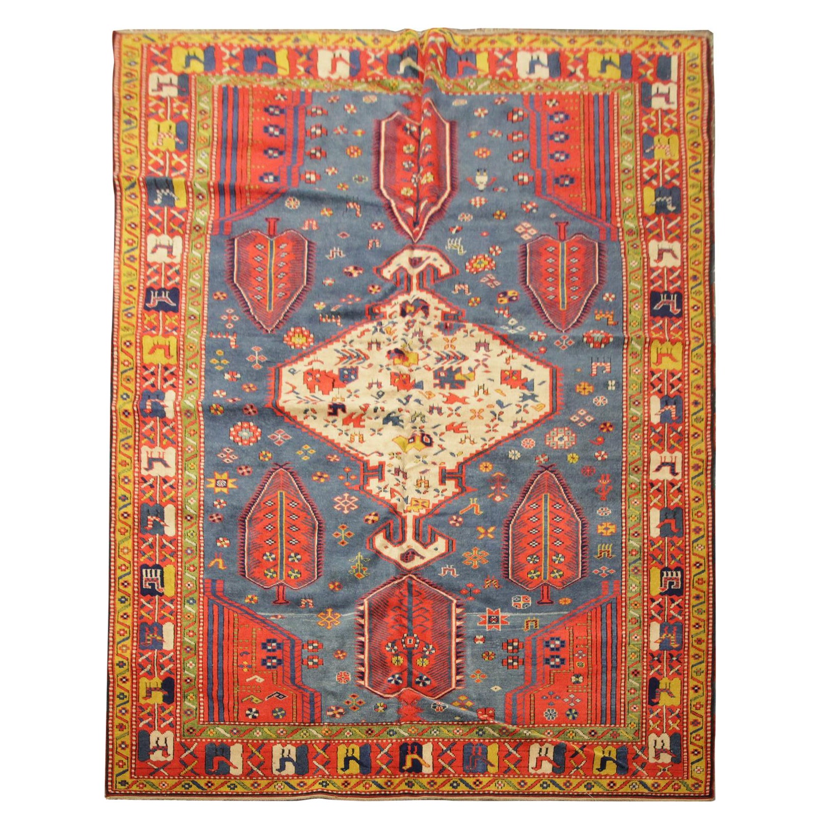 Antique Caucasian Karabagh Carpet Handmade Tribal Rustic Wool Rug for Sale For Sale