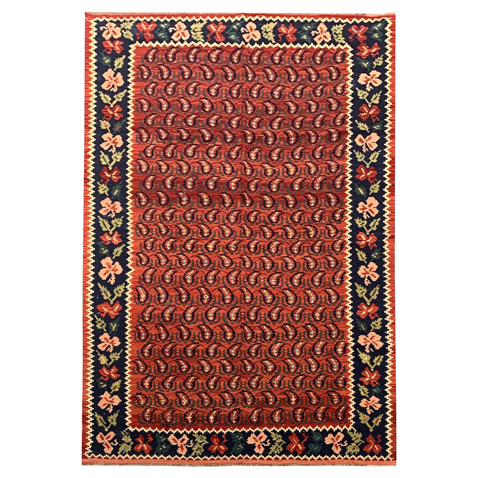 Antique Caucasian Kilim Rug, Red All Over Paisley Pattern Kelim For Sale