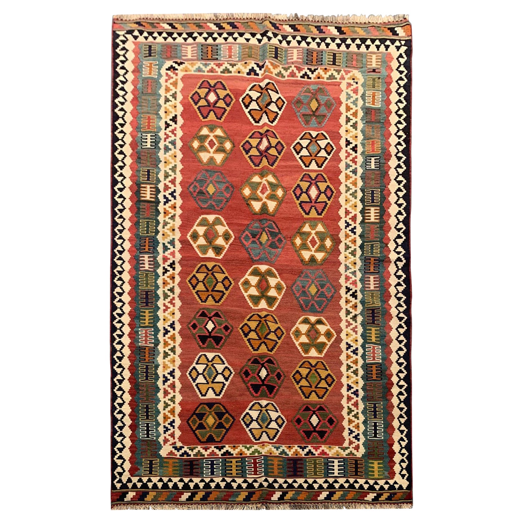 Antiker Qashqai-Kelim-Teppich aus Wolle mit Allover-Muster und Kelim