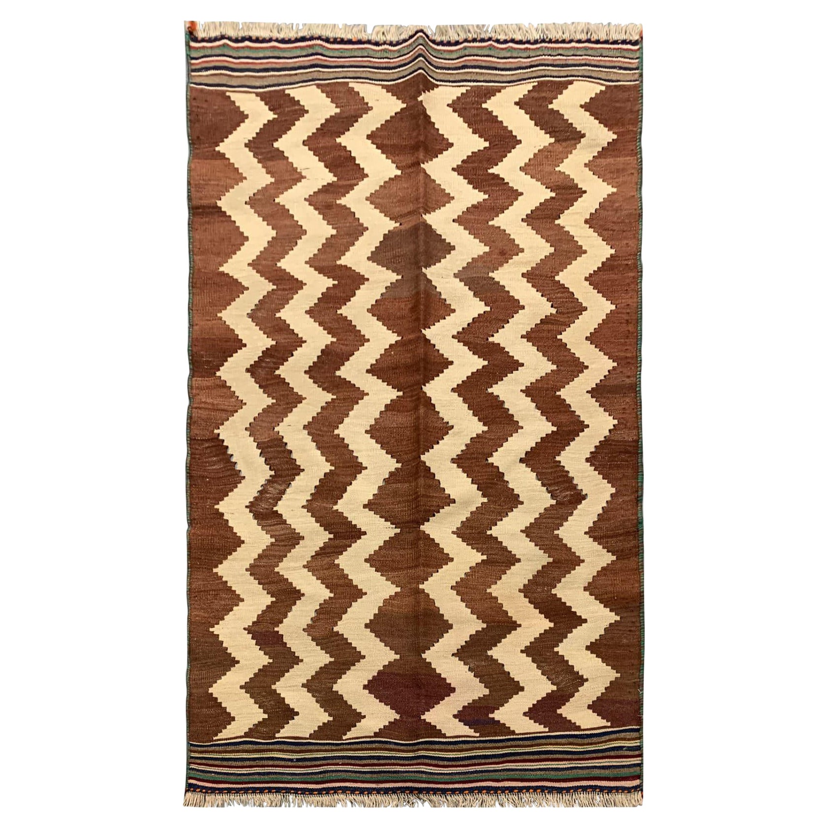 Antique Qashqai Kilim, Brown Rug Wool Striped Zig Zag Pattern Kelim For Sale