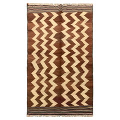 Antique Qashqai Kilim, Brown Rug Wool Striped Zig Zag Pattern Kelim