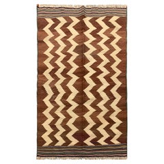 Antique Persian Qashqai Kilim, Brown Rug Wool Striped Zig Zag Pattern Kelim