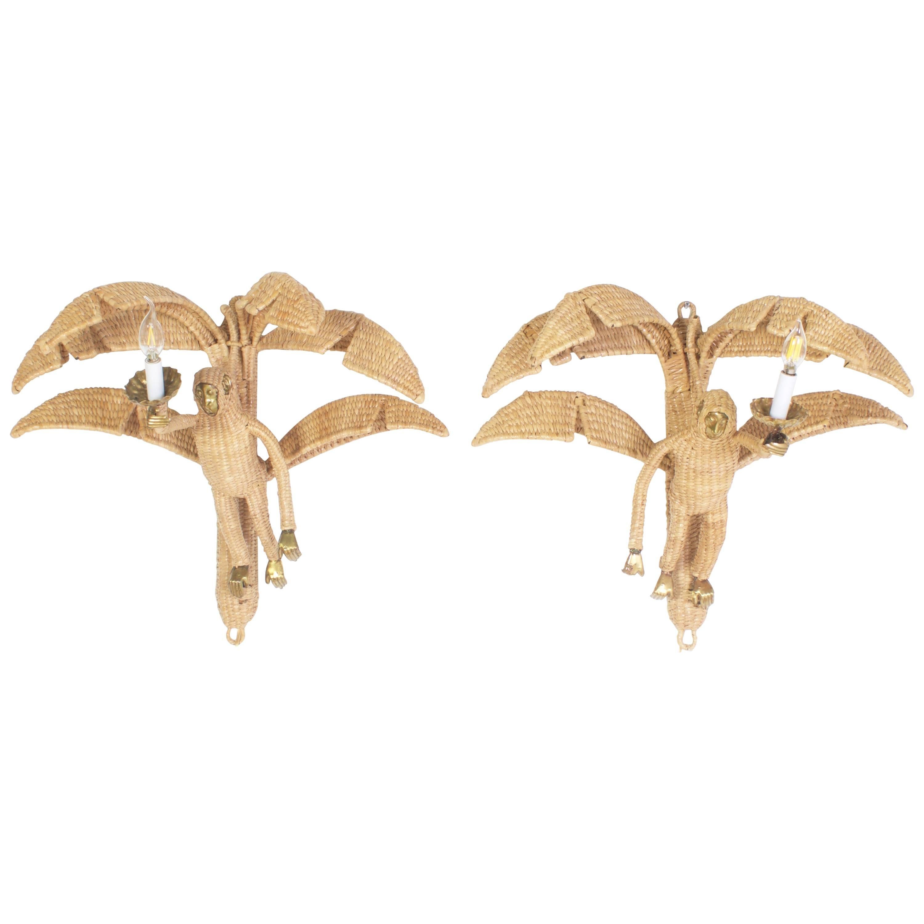 Amusing Pair of Mario Torres Wicker Monkey Sconces with Palm Leaves