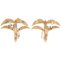 Vintage Amusing Pair of Mario Torres Wicker Monkey Sconces with Palm Leaves