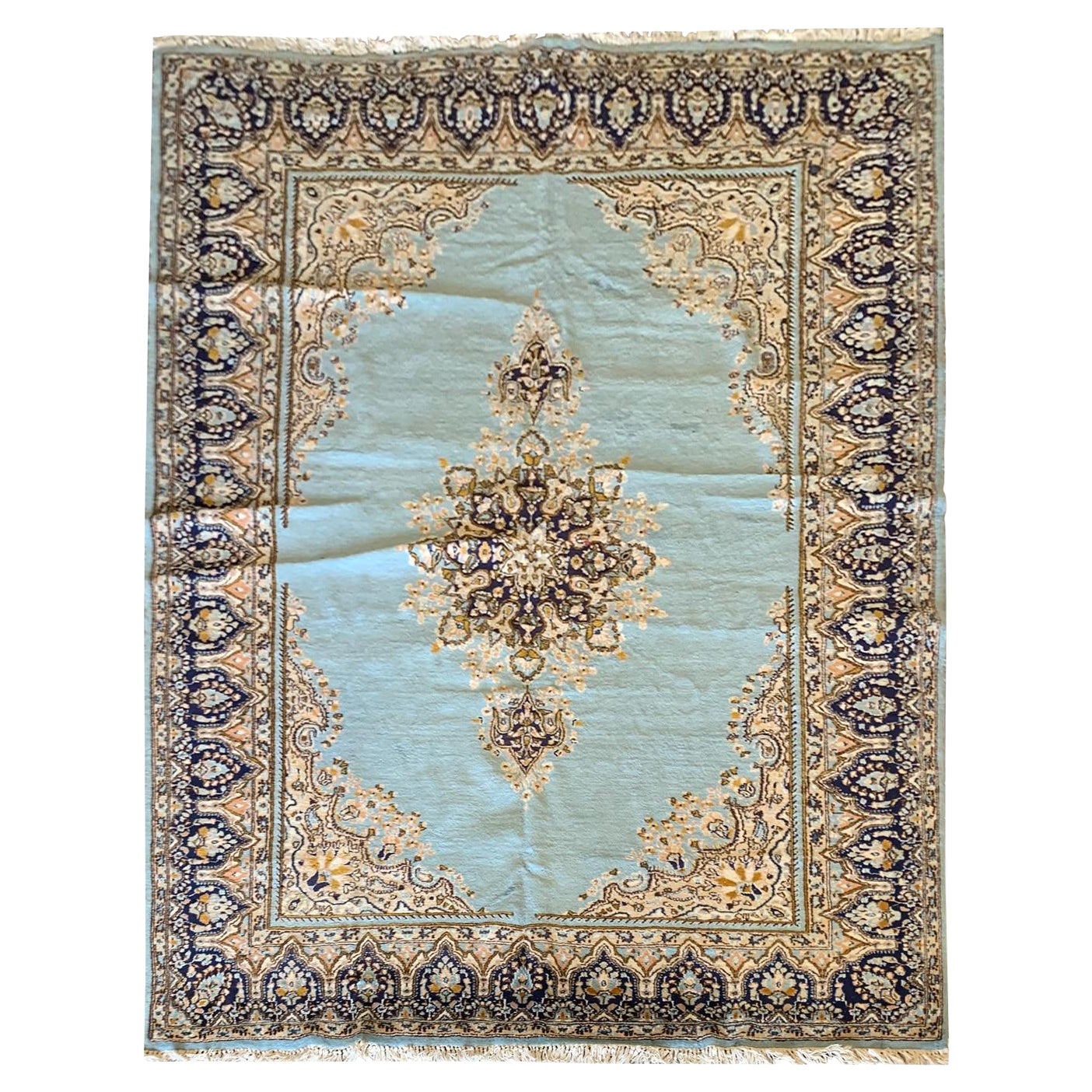 Vintage Tabriz Rug, Turquoise Blue Carpet Medallion Wool Rug For Sale