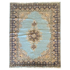 Vintage Tabriz Rug, Turquoise Blue Carpet Medallion Wool Rug
