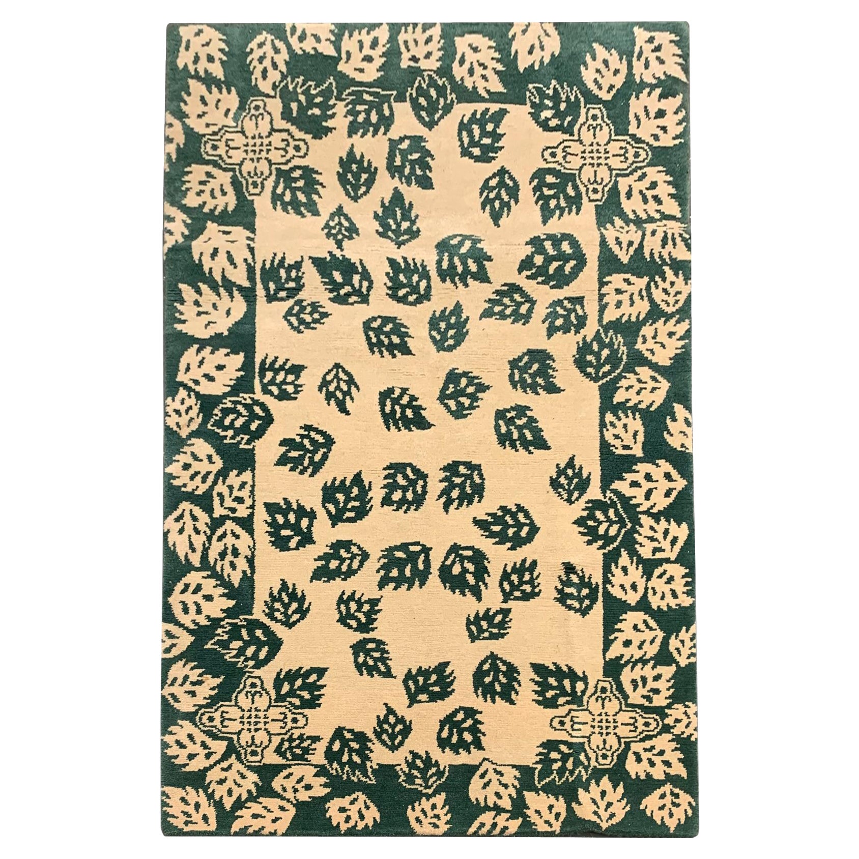 Indian Modern Rug, Green Leaves Pattern Carpet For Sale