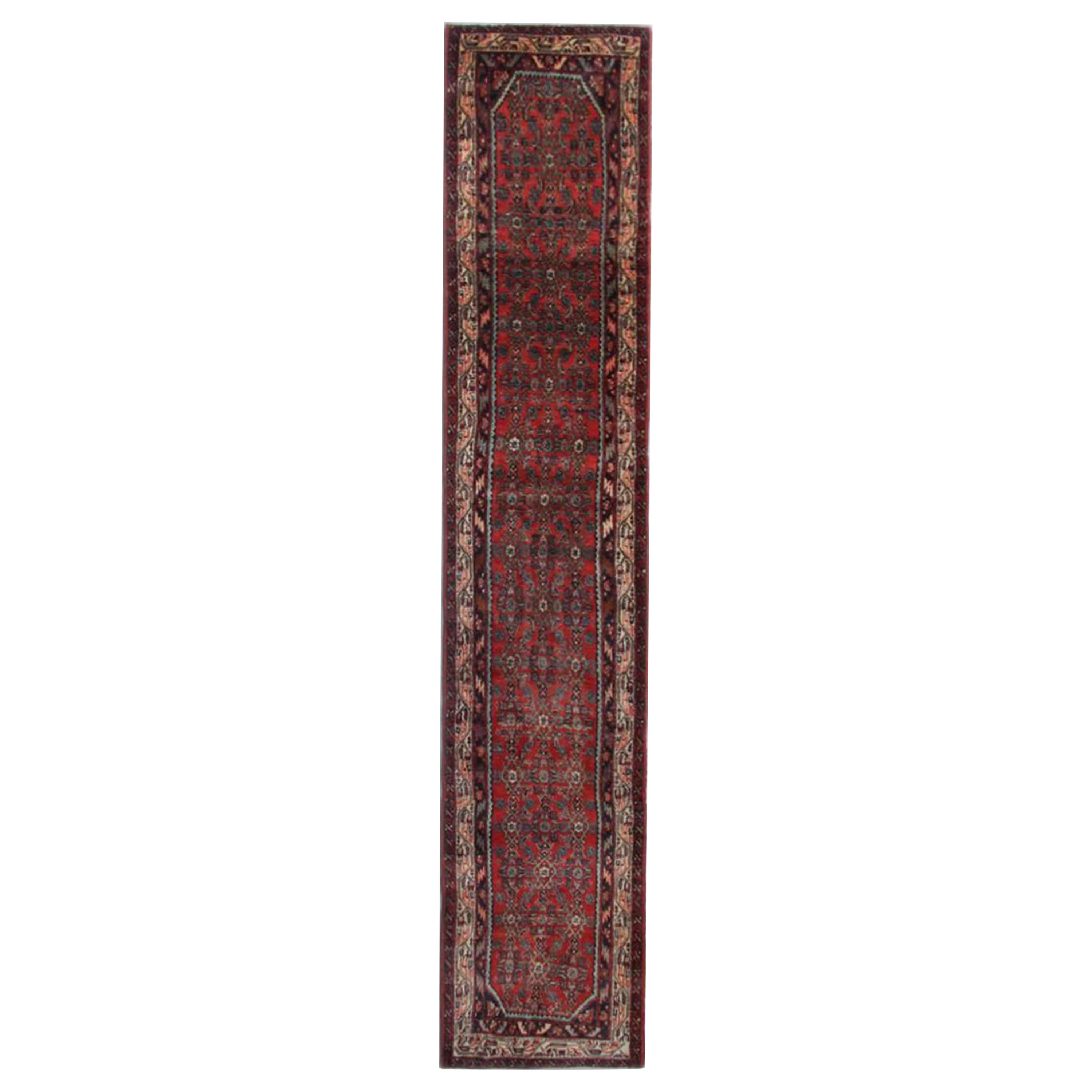 Vintage Oriental Runner Rug, Deep Red Stair Runner, Wool Rug For Sale