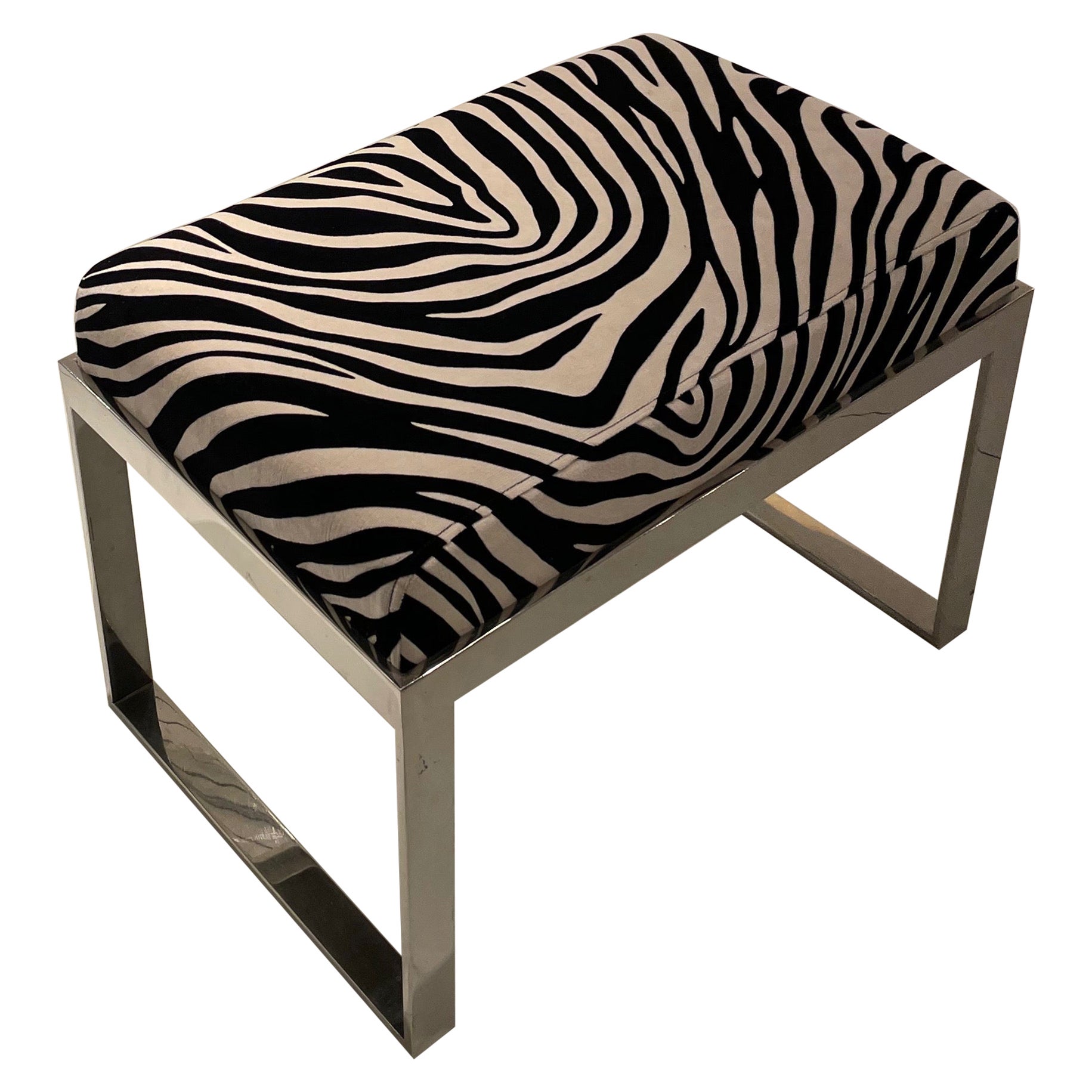 Elegant Chromed Metal Stool Covered With A Zebra Fabric, Italy 1980. For Sale