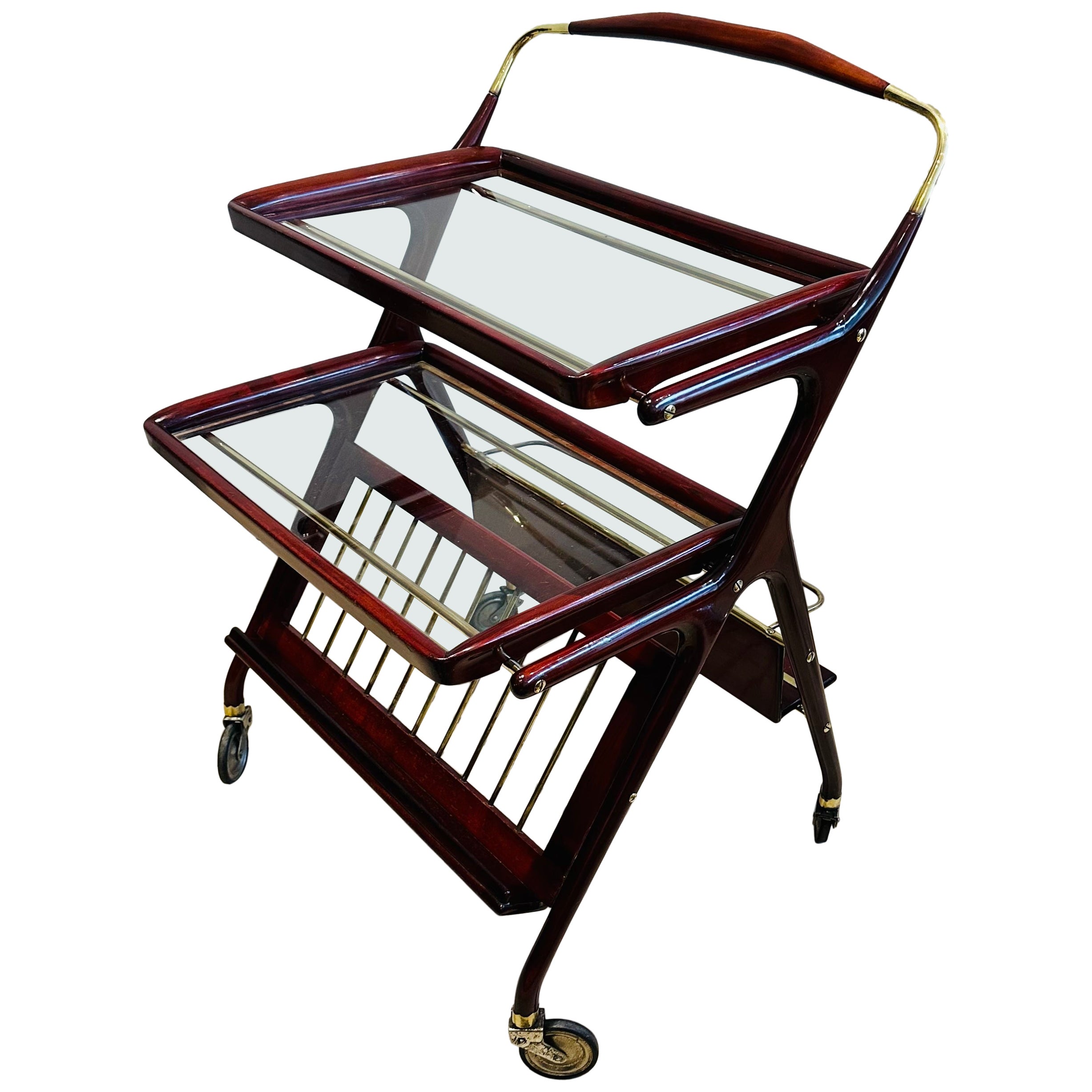 1950s Italian Brass & Wood Bar Cart or Drinks Trolley by Cesare Lacca - Cassina For Sale
