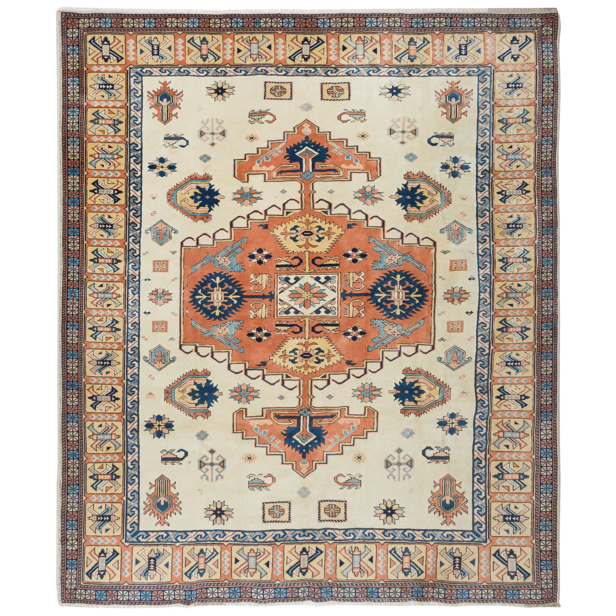 7.8x9.2 Ft Traditional Vintage Handmade Turkish Rug with Medalllion, 100% Wool For Sale