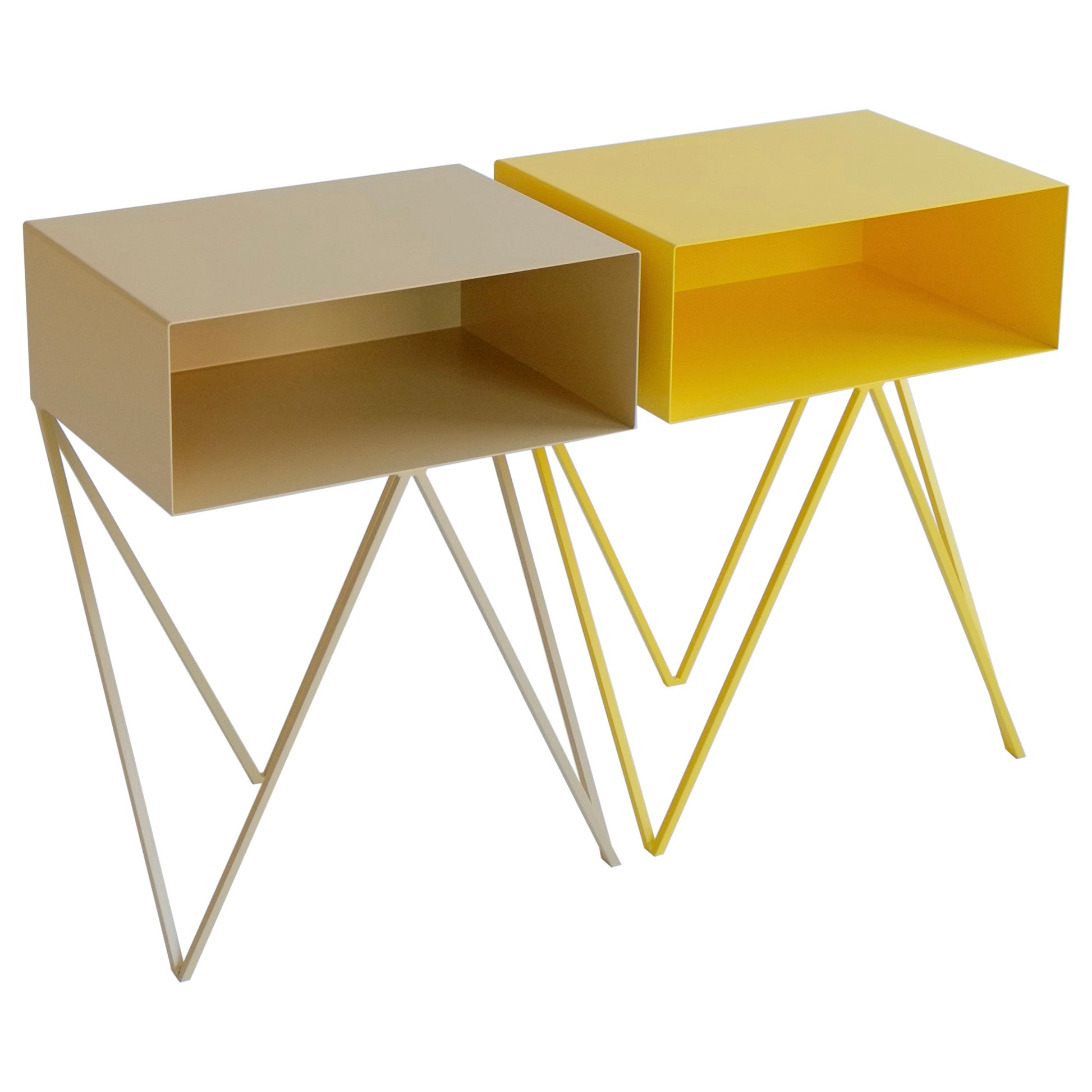 Pair of Mismatched Yellow and Butternut Robot Bedside Tables - Nightstands For Sale