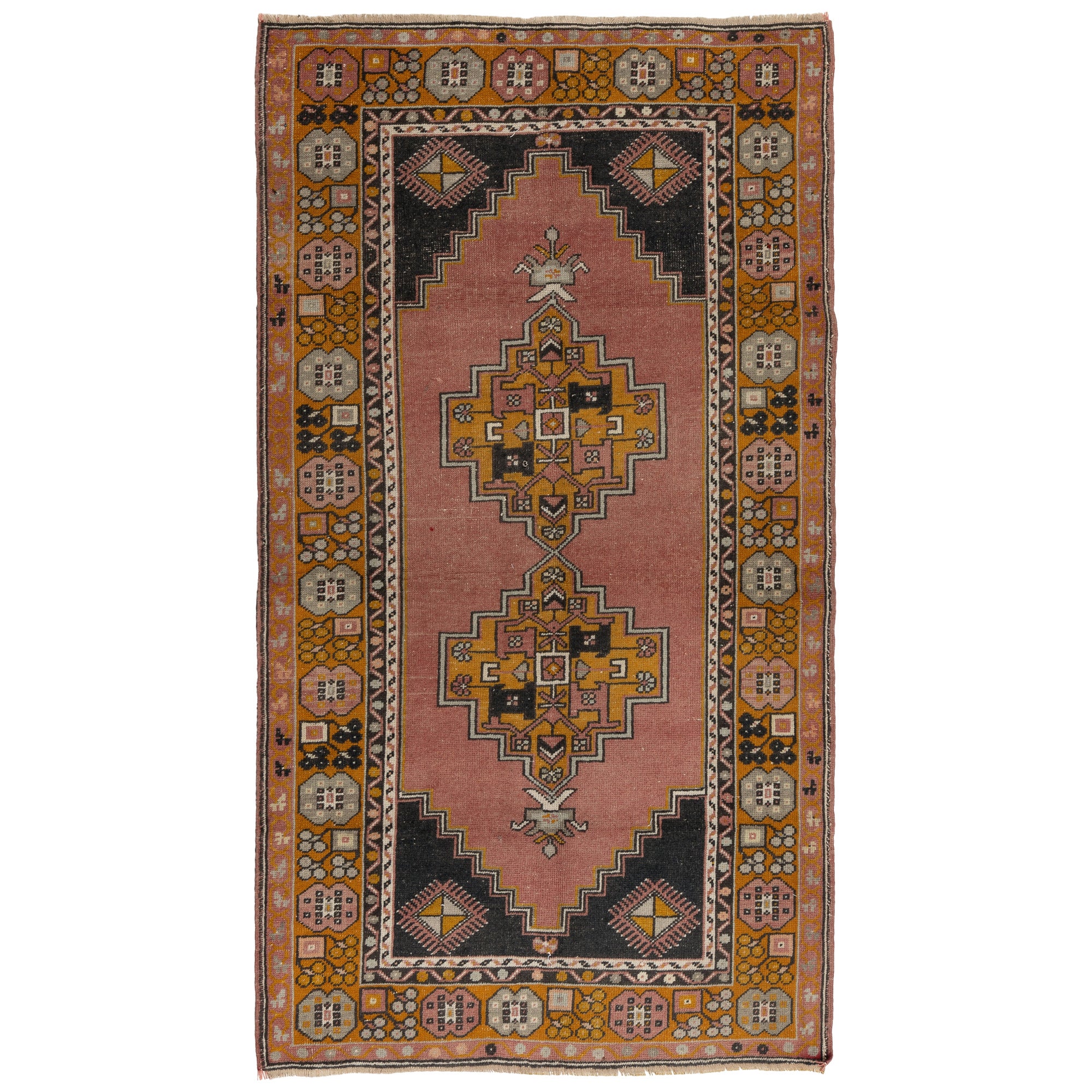 4x7 Ft Mid Century Handmade Turkish Village Wool Rug in Faded Coral and Gold For Sale