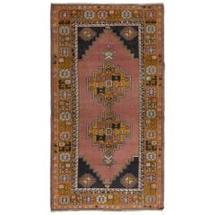 4x7 Ft Mid Century Handmade Turkish Village Wool Rug in Faded Coral and Gold