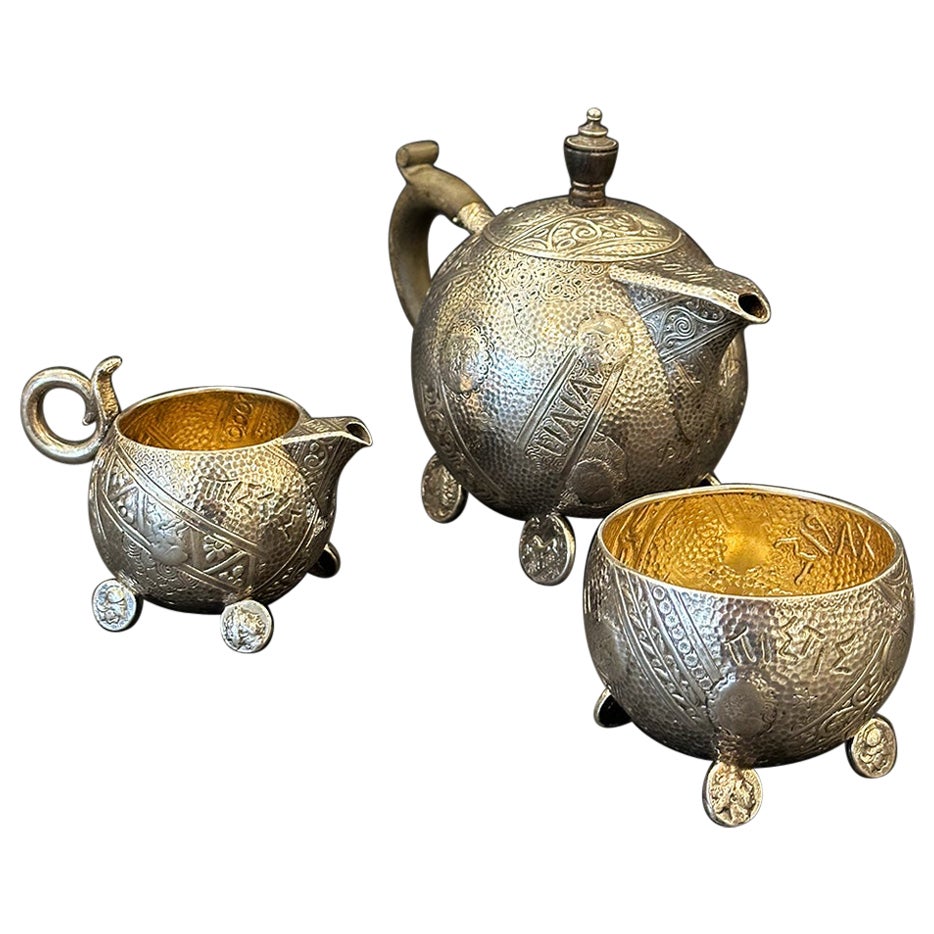 Very Rare Sterling Silver Tea Set, Etruscan Pattern, Elkington, G. Shieber For Sale