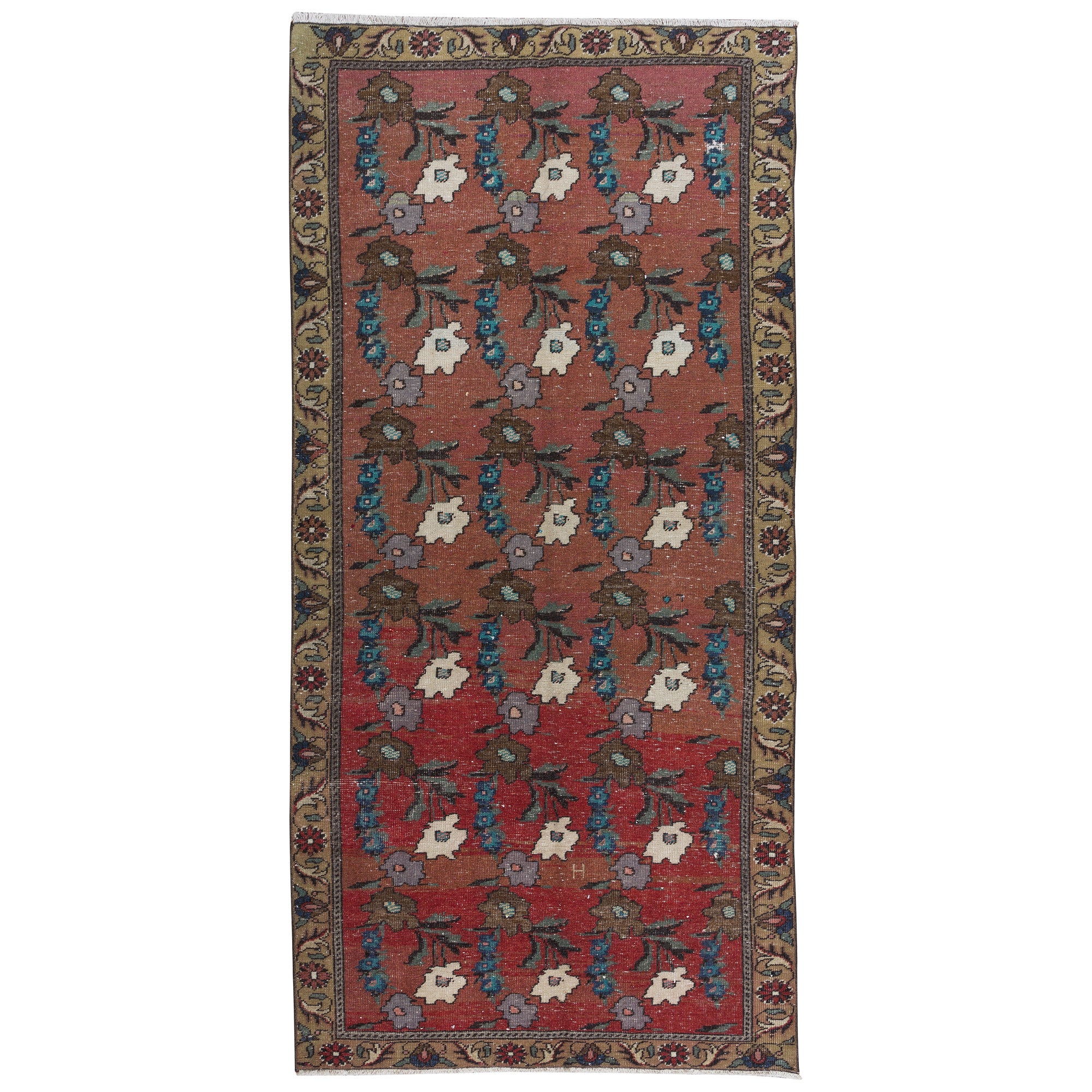 3.9x8.4 Ft Vintage Handmade Floral Patterned Turkish Rug in Red, Blue & Beige For Sale
