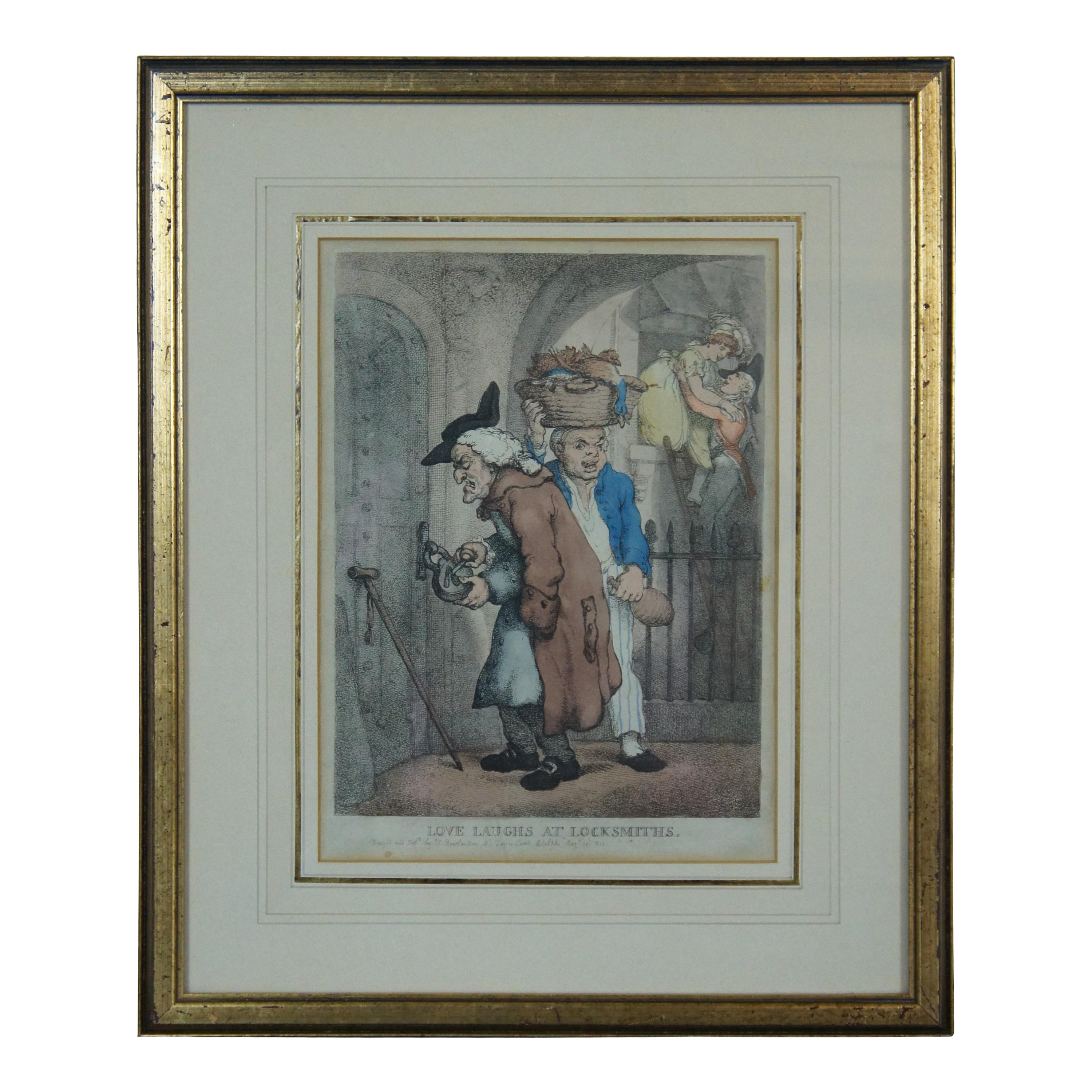 Antiguo 1811 Thomas Rowlandson El amor se ríe de los cerrajeros Grabado coloreado 21" en venta
