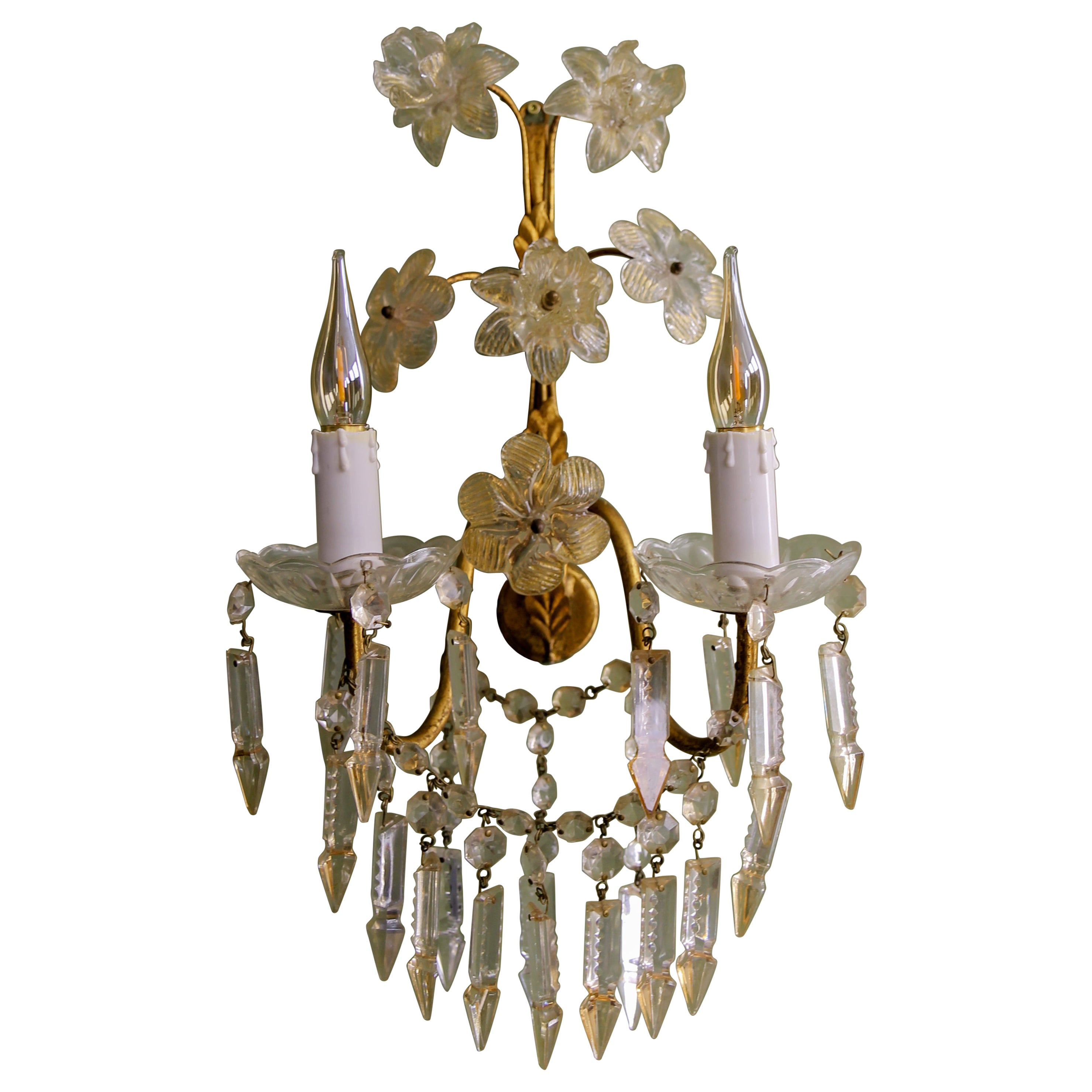 Italian Gilt Metal Two-Light Sconce with Crystal Glass Flowers and Prisms For Sale